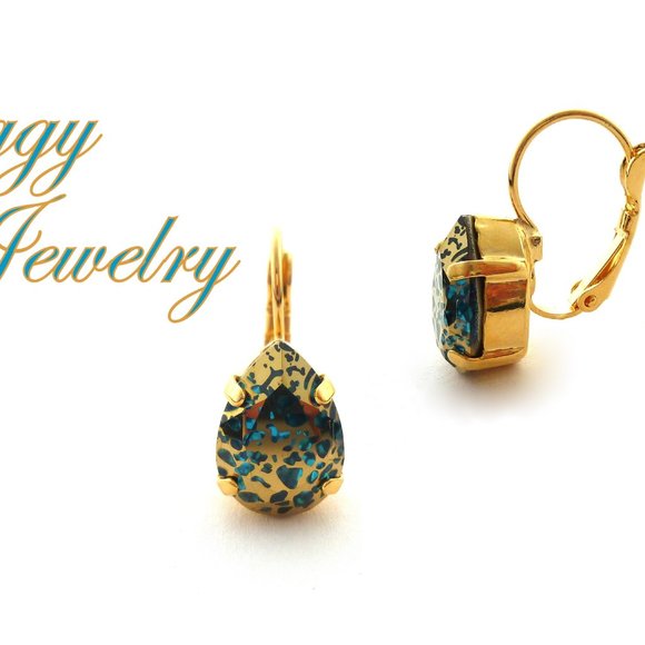 Aquamarine Gold Patina Premium Crystal Pear Shaped Drop Lever Back Earrings - Picture 3 of 6
